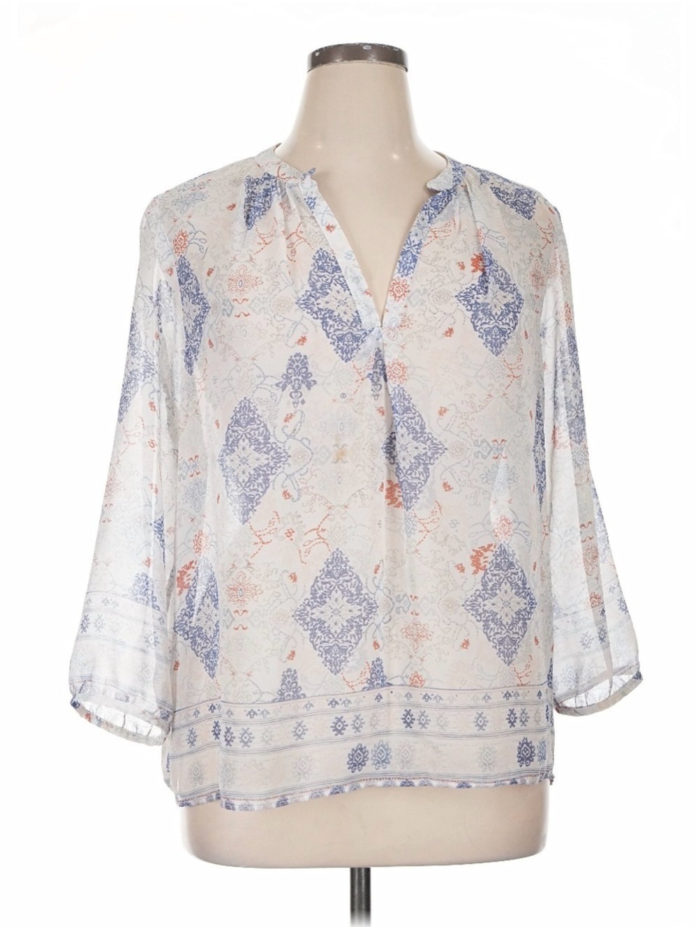 Saint Tropez Sheer Bohemian Style Blouse with Blue and Coral Print